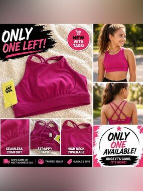 All In Motion Girls Sports Bra Pink Size M 7/8 High Neck Seamless NWT Activewear